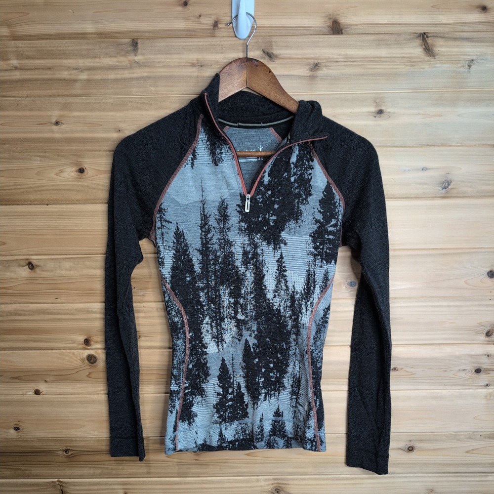 Smartwool Merino 250 Women Small Base Layer 1/4 Zip Forest Tree Print Black Grey